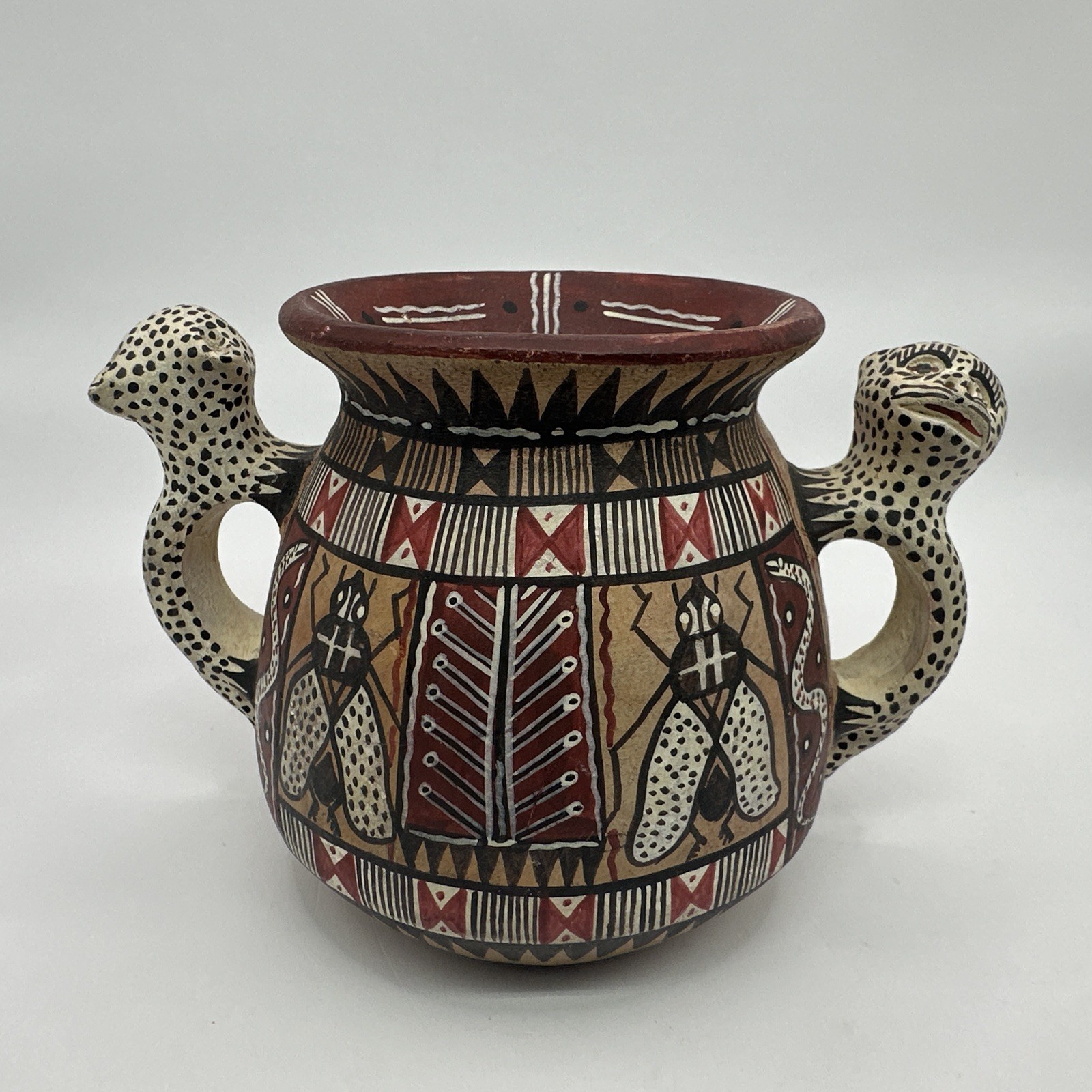 Peruvian Pottery Jaguar Handle Bowl Vase Hand Painted Insect Bird Vtg