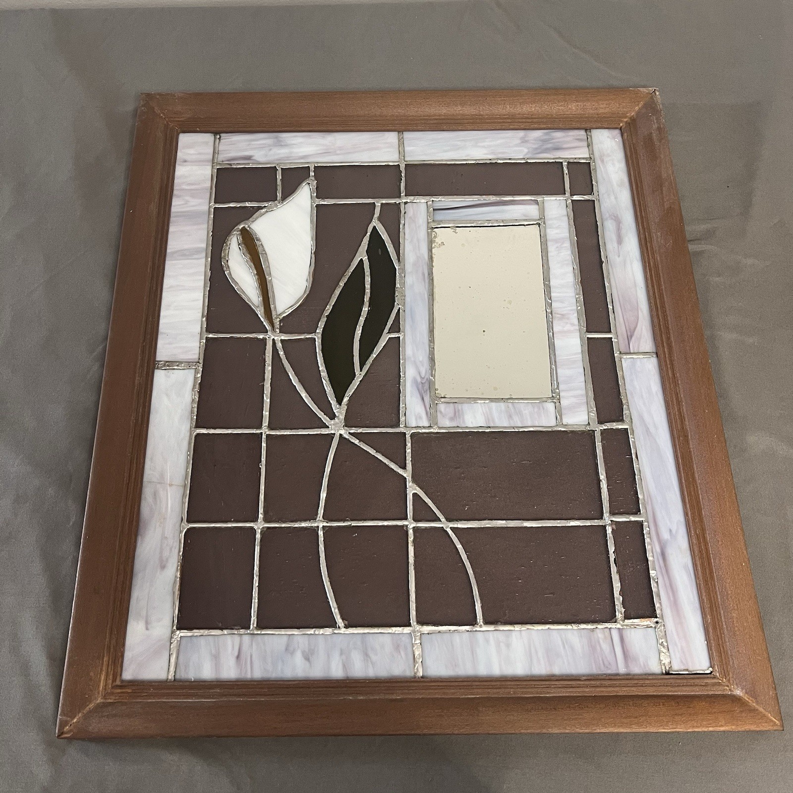 VTG Stained Glass Calla Lily W/ Mirror In Original Wood Frame 19.5×22.5×1”