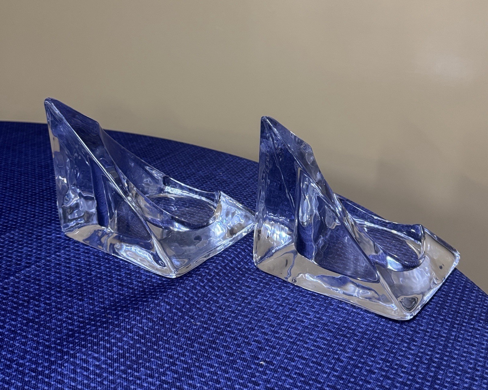 Nybro Art Glass Ice Pyramid Candle Holder By Tord Kjellstrom Sweden MCM Set of 2