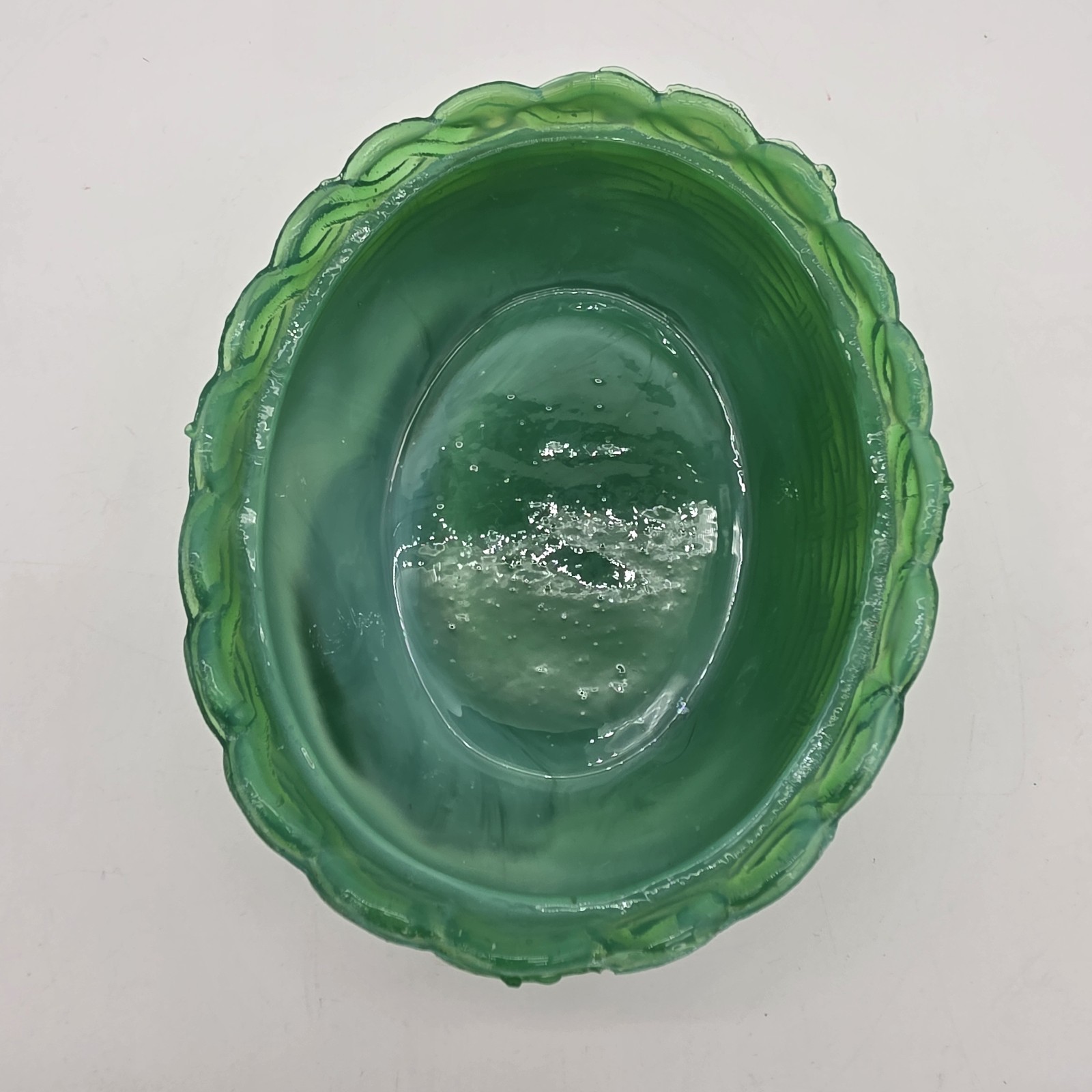 Green Slag Glass Hen on a Basket Covered Candy Dish 6″