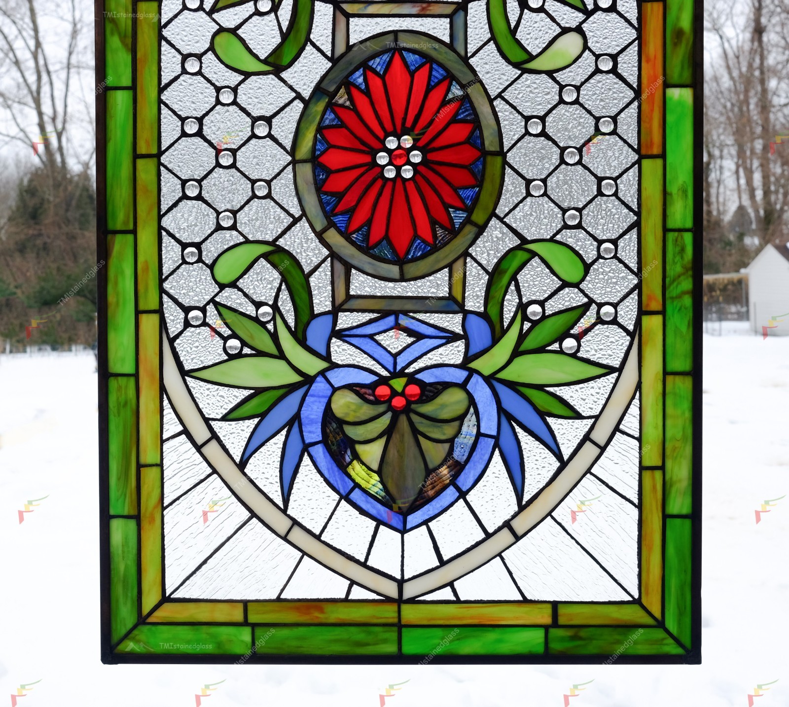Jeweled Tiffany Style stained glass panel window panel, 20″ x 34″ HF142