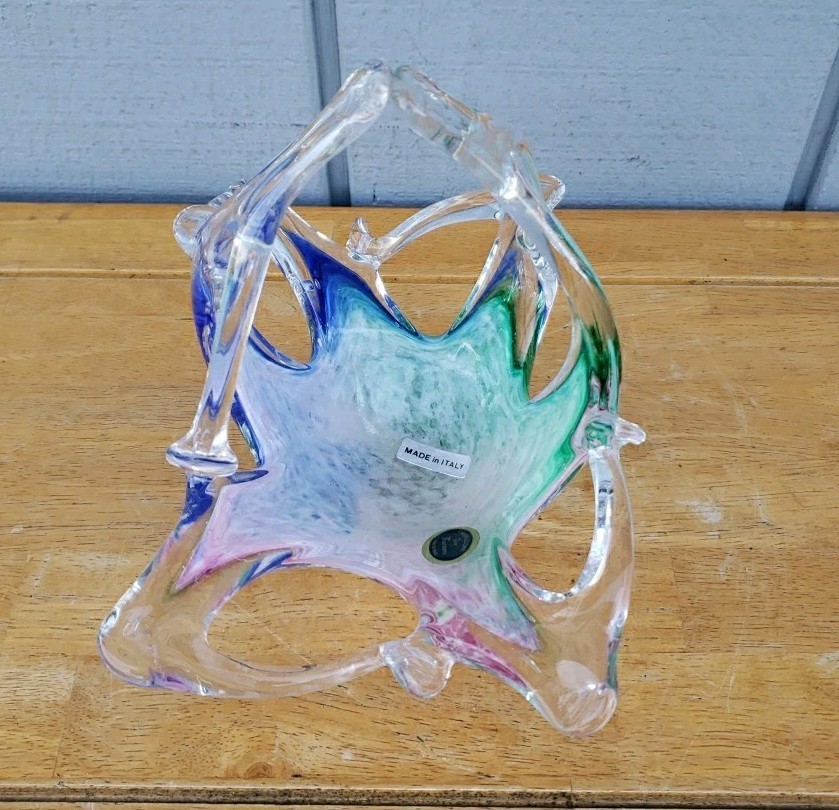 Authentic MURANO Colorful Swirl Hand Blown Glass Basket Candy Dish ITALY 8″