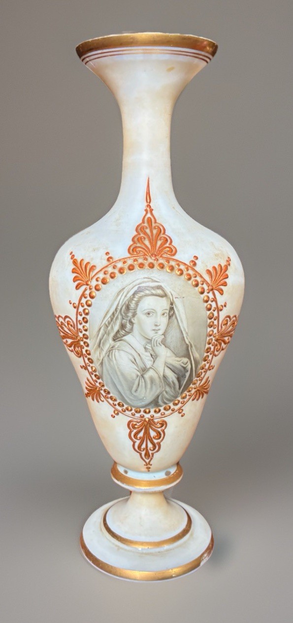 Baccarat Opaline Glass Vase With Hand Painted Woman Signed