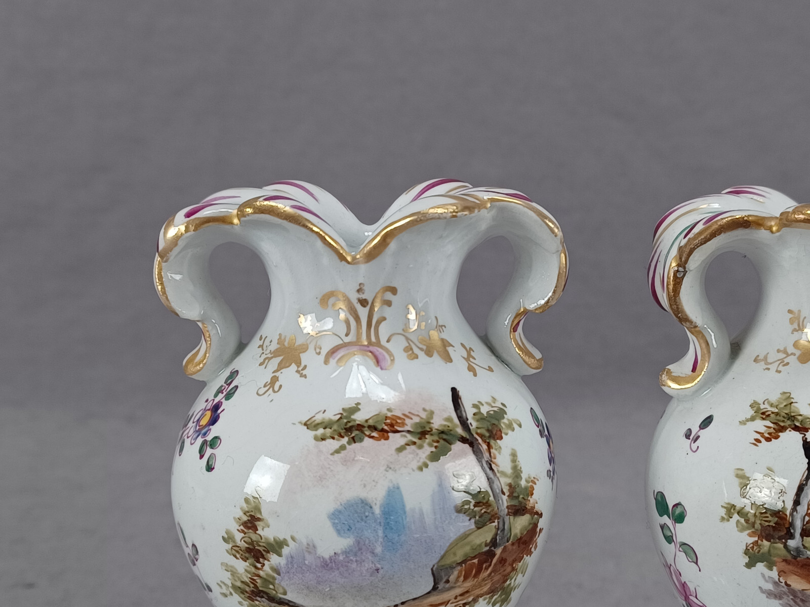 Pair of Late 19th Century French Hochst Style Hand Painted Watteau Faience Vases