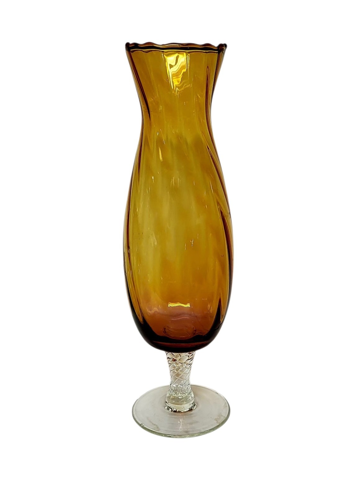 Amber & Clear Swirl Art Glass Footed Vase Decorative Scalloped Rim 10.5 in