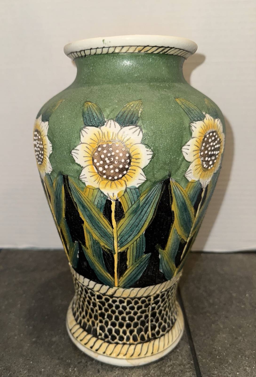 Vintage Sunflower Pottery Urn Style Textured Vase