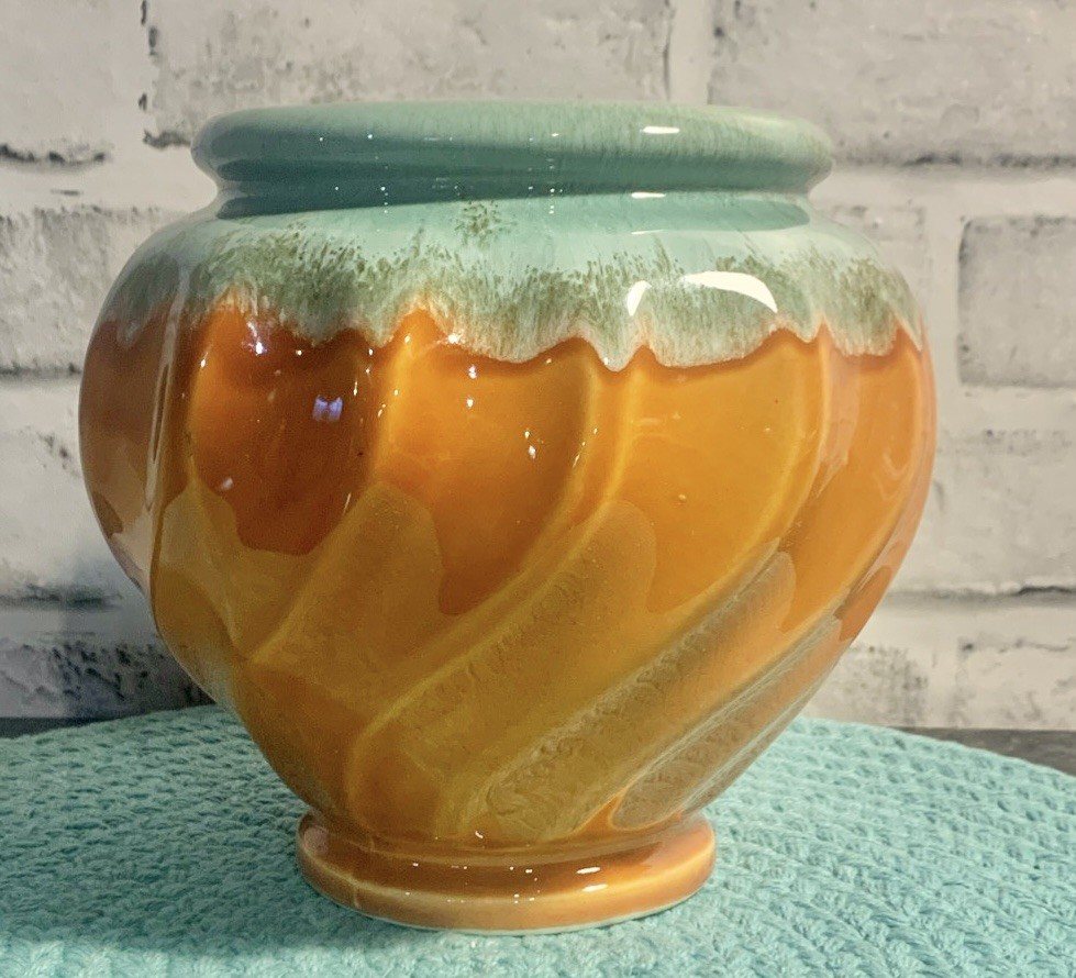 Vintage Hull Swirl Urn Vase Tangerine and Green/ Teal 802 USA
