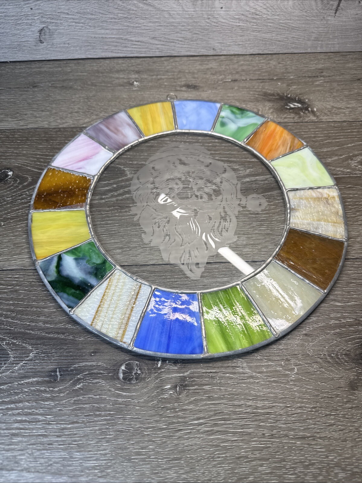 Round Stained Glass Window Hanging Panel 12”Santa Suncatcher