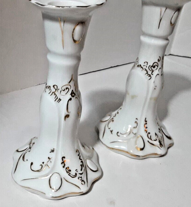 candle holders Victoria China Czechoslovakia 24kt gold White hand painted 5 1/2″