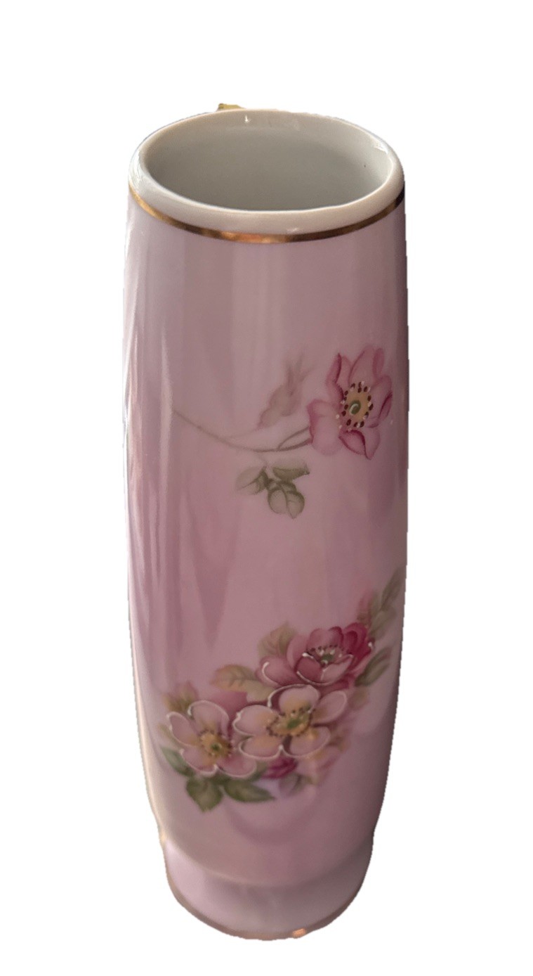 Norleans vintage bud vase pink HandPainted Cherry Blossoms Gold Trim Japan 8″