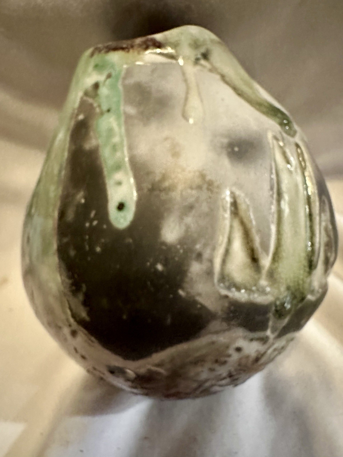 Studio Art Drip Glaze Green Brown Cream On Black Clay Ceramic Primative Etched