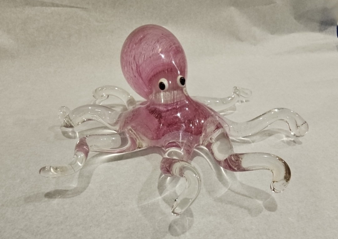 Murano Style Handblown Art Glass Octopus Paperweight Figurine Pink Clear Large
