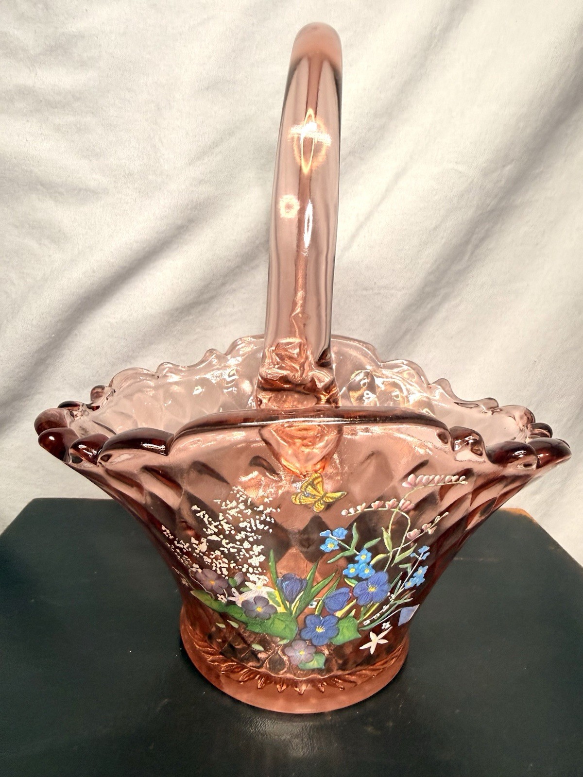 Vintage 1980’s Fenton Pink Diamond Glass Basket Hand Painted Butterfly Floral