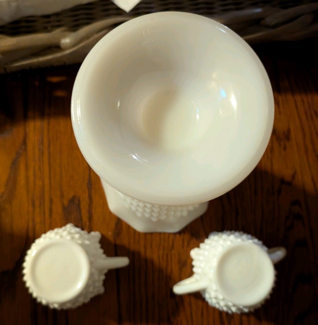White Milk Glass Hobnail Vase And Creamers