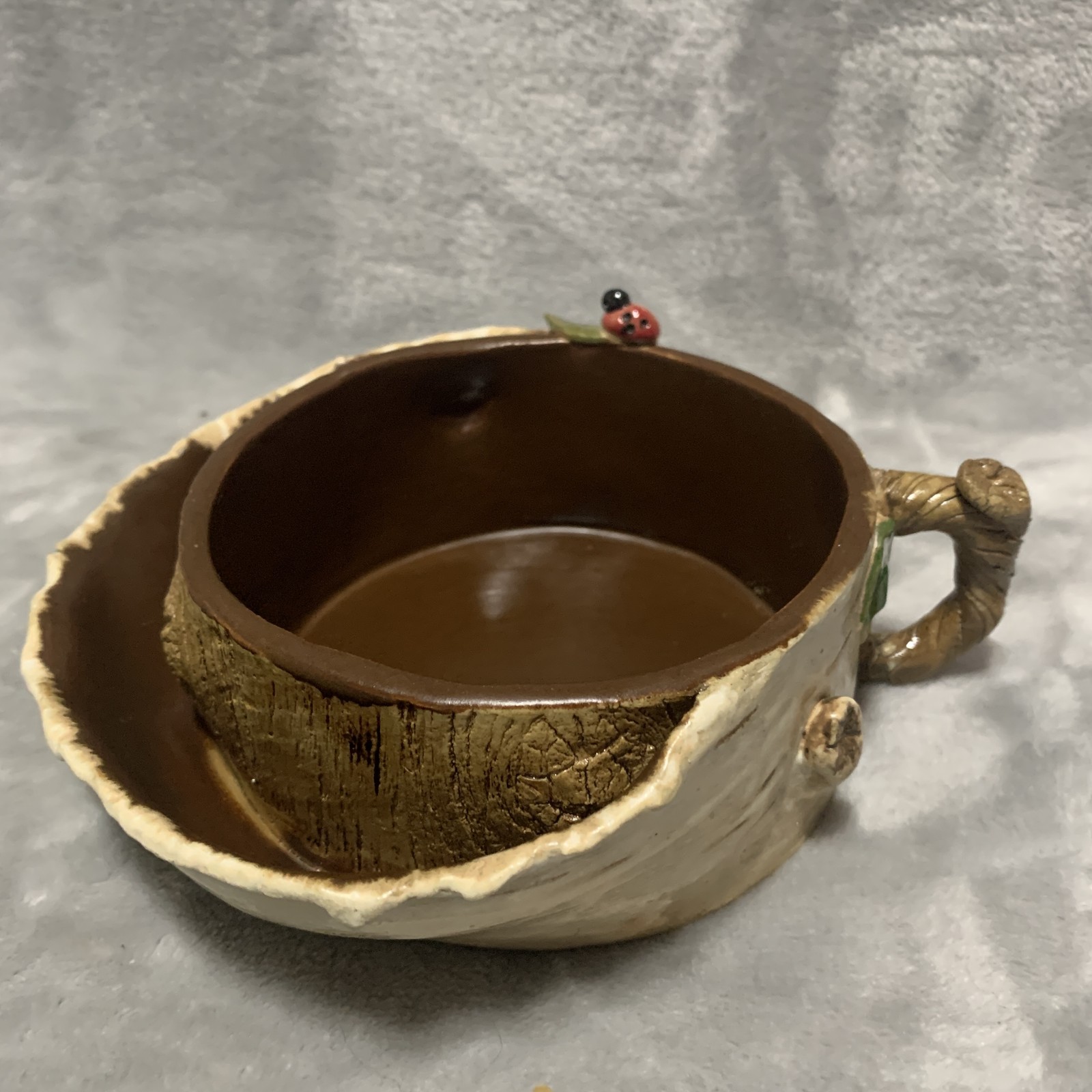 Unique Birch Bark Tree Stump Ceramic Vase Planter Mug Ladybug Handle Decorative