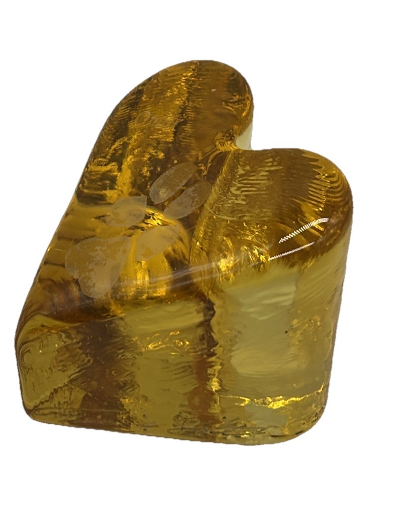 FIRE & LIGHT Citrus Yellow Recycled Glass Heart Paper Weight Etched Paw Print