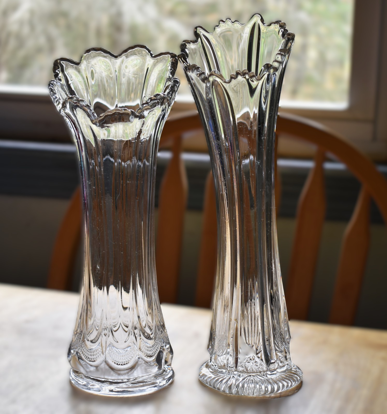 Antique EAPG Pair Swung Vases 11.75″ US Glass Galloway & 13″ Higbee Delta