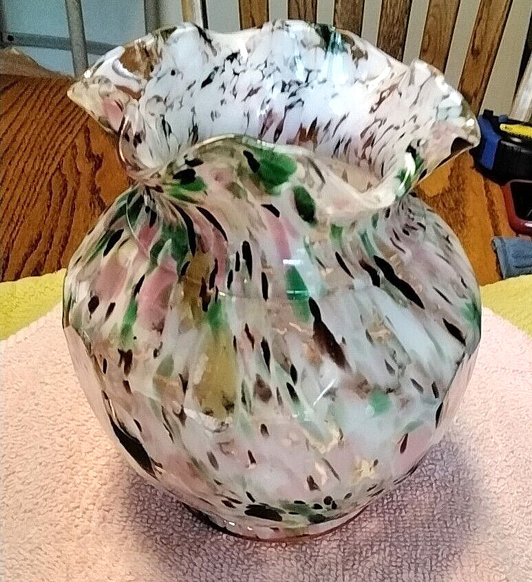 VTG Hand Blown End of Day Vase-Ruffle Edges Multicolored Splatter Art Glass-EUC