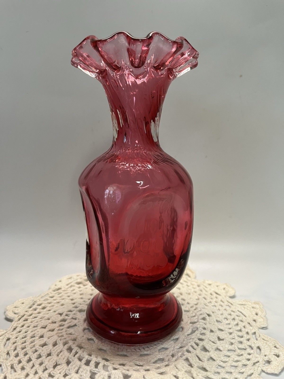Fenton Ruby Overlay Optic Dot 7” Pinched Vase With Crimped Top # 2451 1958-1962