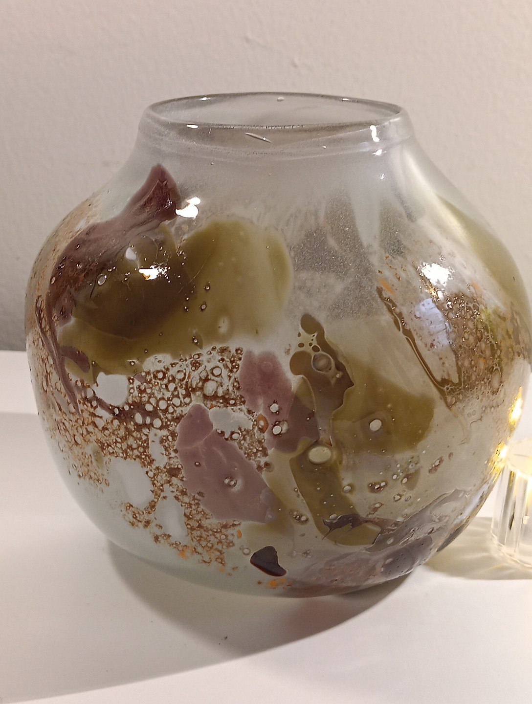 Vintage Handblown Infused Art Glass Orb Vase Or Led Light Globe. Signed.