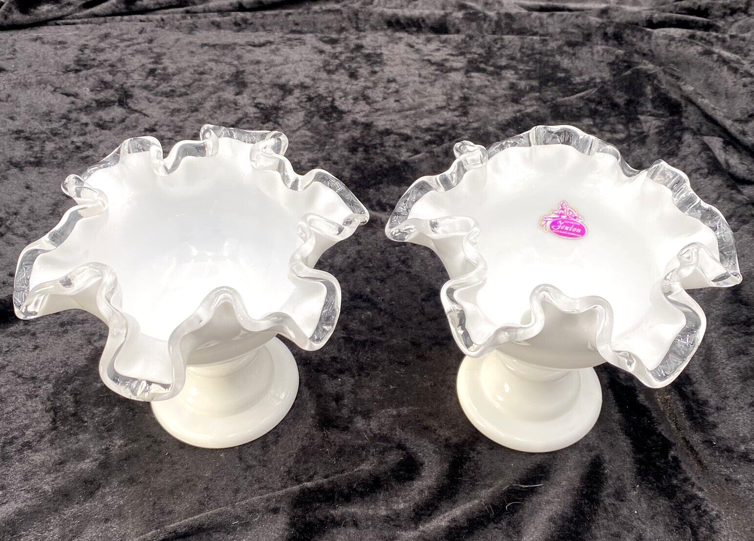 Pair – Vintage (60s) Fenton Silver Crest Large Candleholders, #7272, w/Sticker