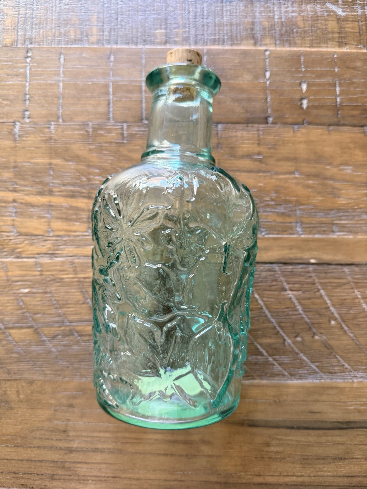 Vintage Libbey Glass Bottle Leaf Pattern Cork Stopper Light Green Decanter 8.5in