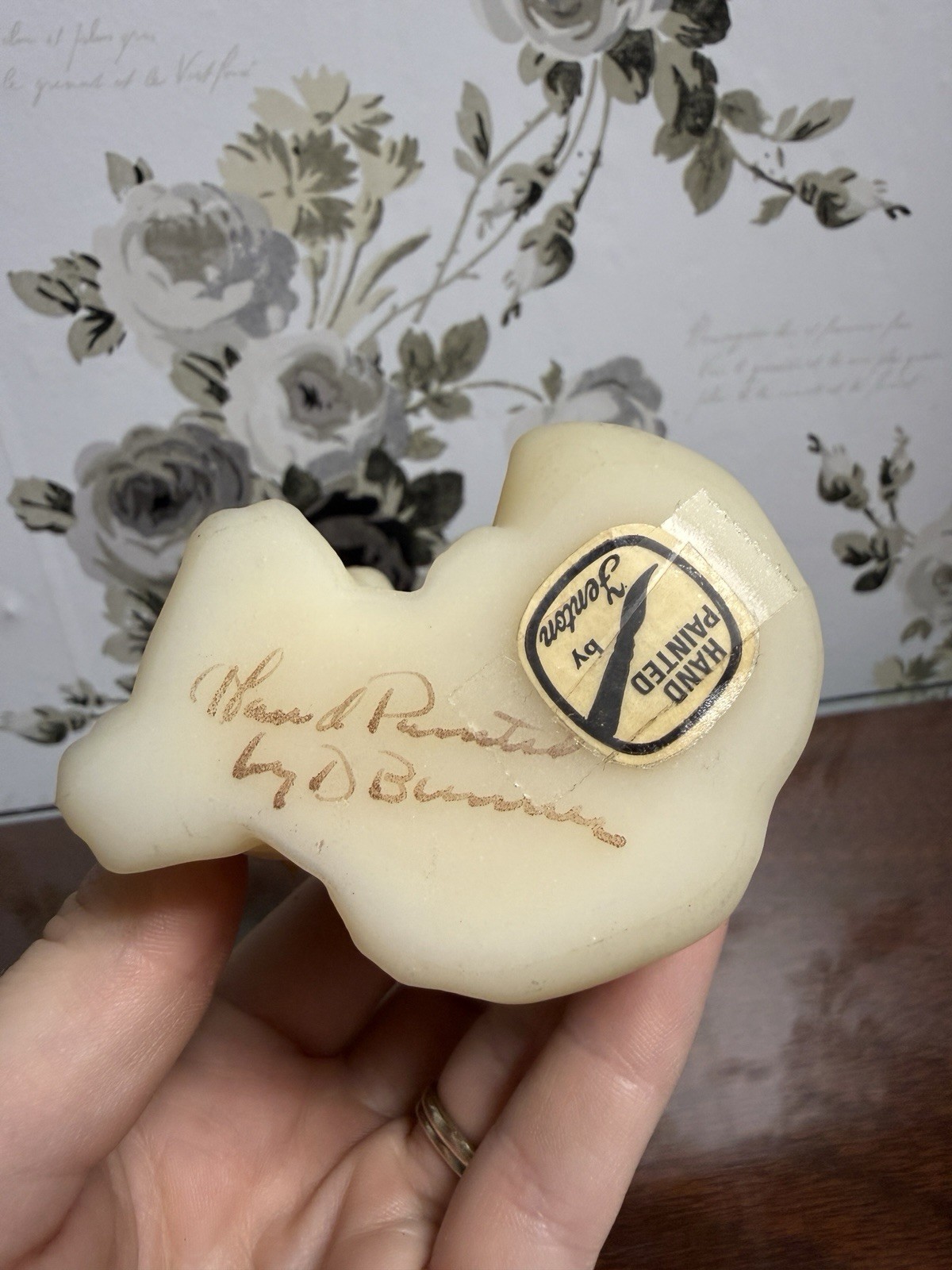 Fenton Satin Glass Cat Hand Painted Roses And Signed By Artist