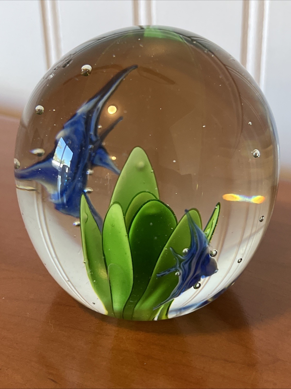 Vintage Art Glass Paperweight Underwater Scene with Fish Blue Fish Dynasty