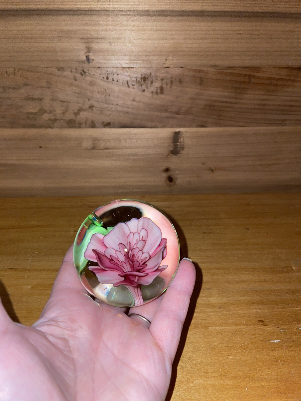 Studio Art Glass Flower Paperweight Orb Sphere Pink Floating Polished Base 2.5”