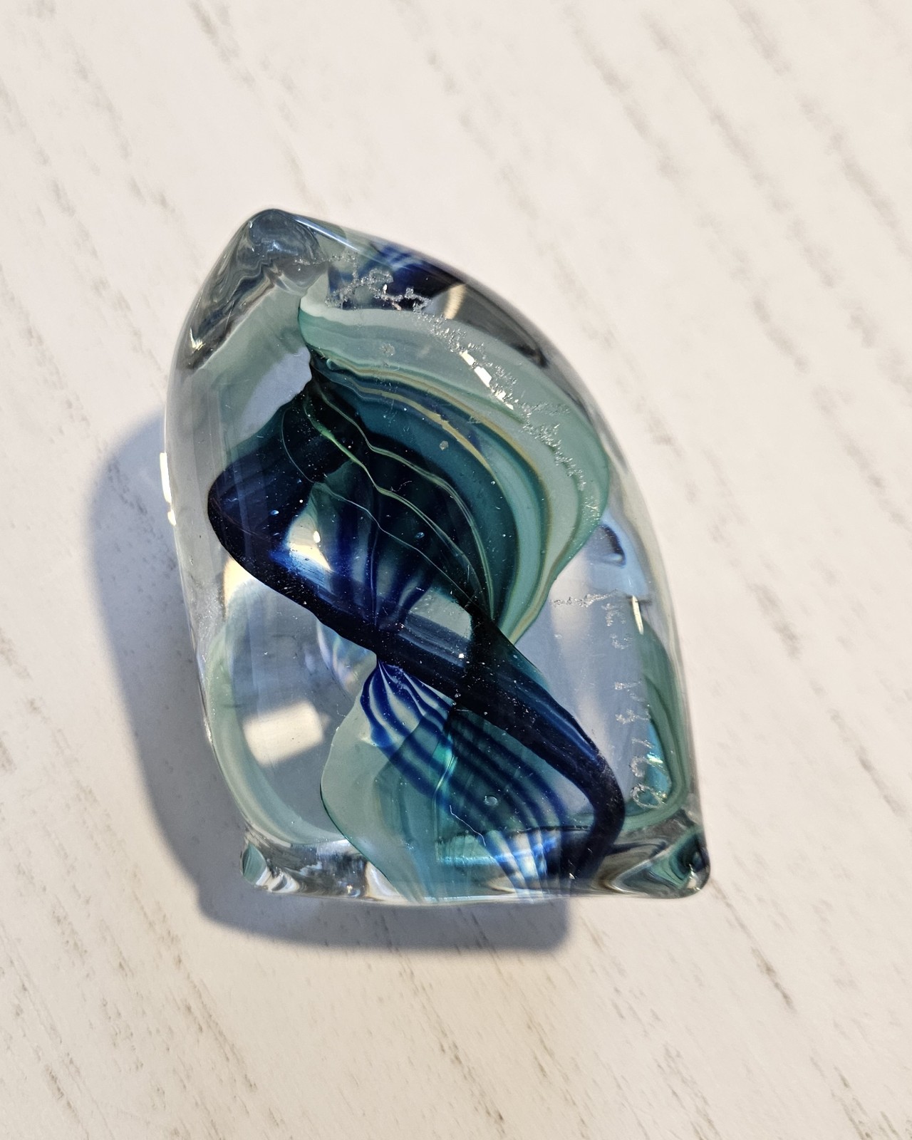 Unique vintage SIGNED BLUE Jerusalem Art glass paperweight