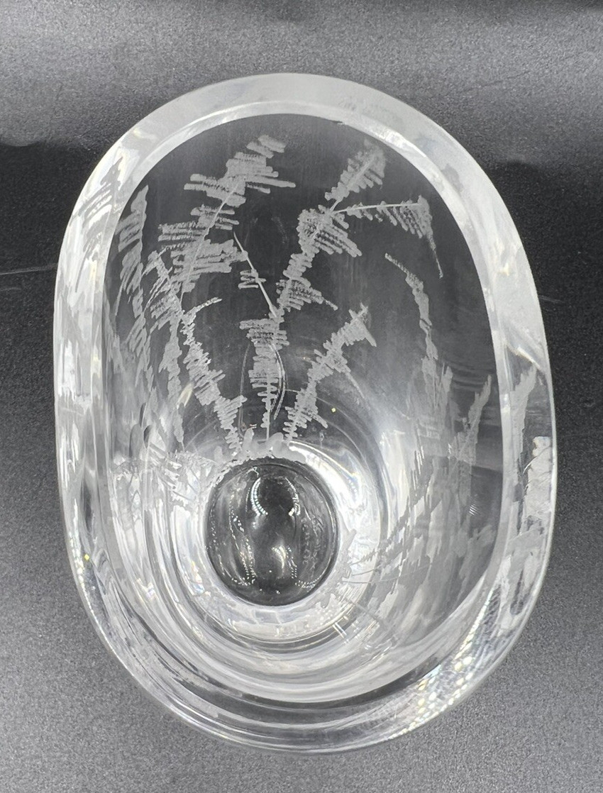 Orrefors Vase Etched Crystal with Bird and Floral Scenery Signed KJD Lander