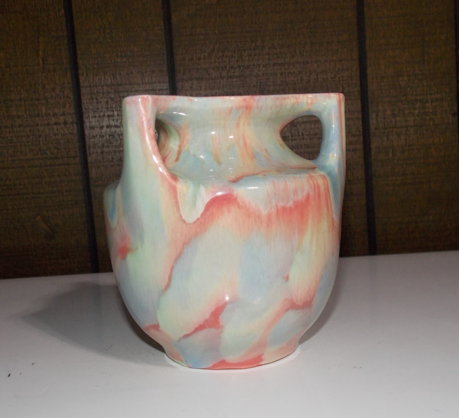 ART DECO HAEGER Vase Marble Glaze Rare Angled Handles Pink Blue Green 