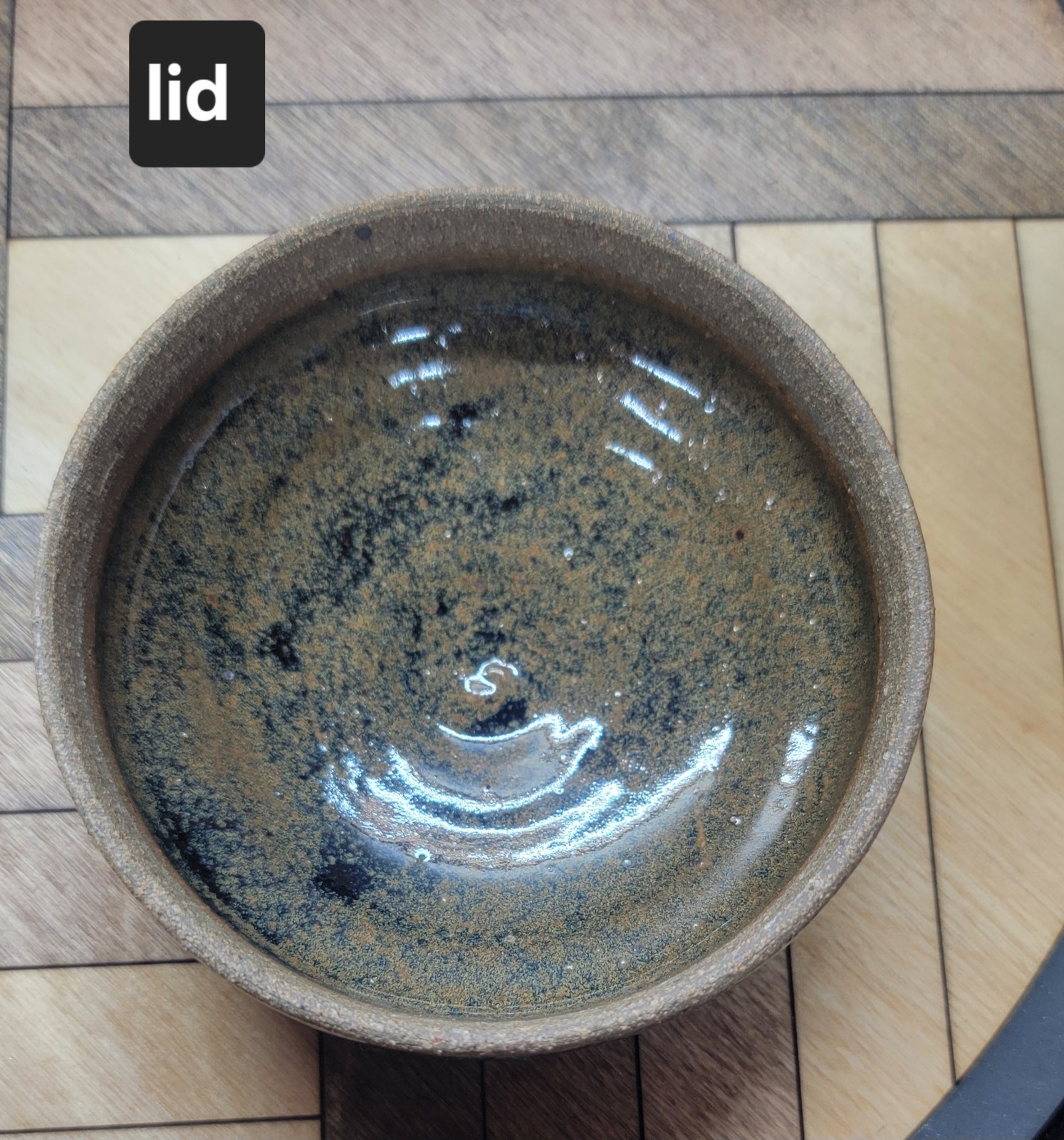 Domed Lid Art Pottery Round Trinket Box Signed Spices Black Beige Earthy Speckle