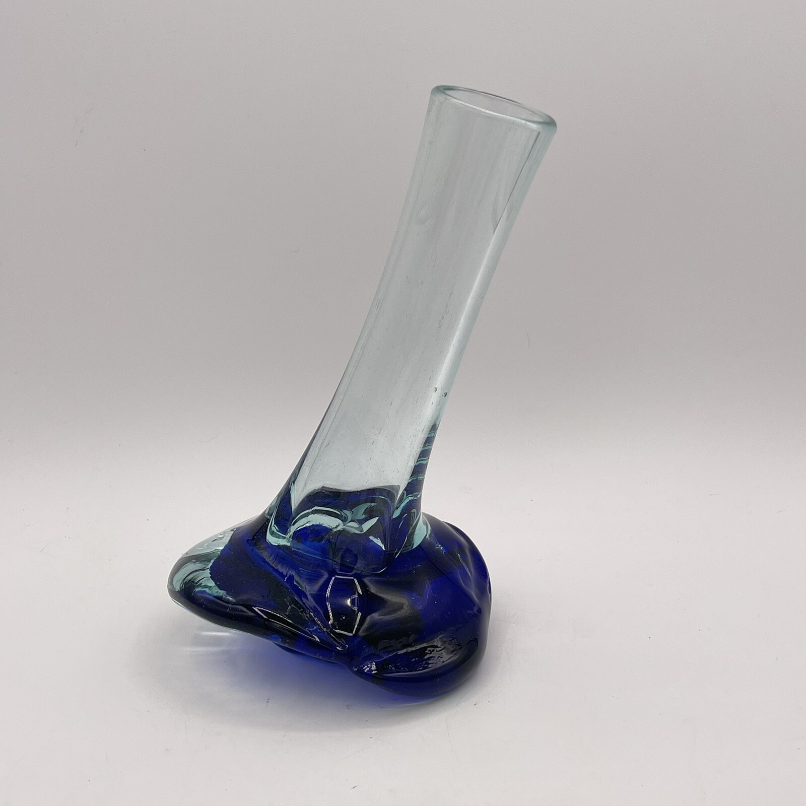 Vintage Hand Blown Glass Clear And Cobalt Blue Vase 9 Inches Tall