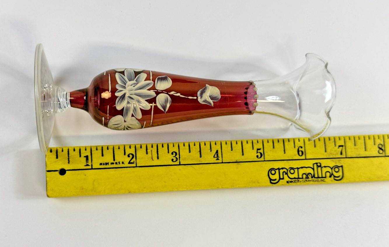 Pair Cranberry Art Glass Bud Vases Hand Painted Floral Ruffled Rim 6 1/8″