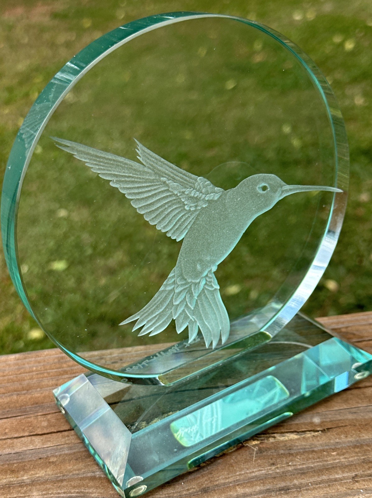 3D Hummingbird Sculpture, Green Glass Sand Carved Lex Melfi Signed Numbered RARE