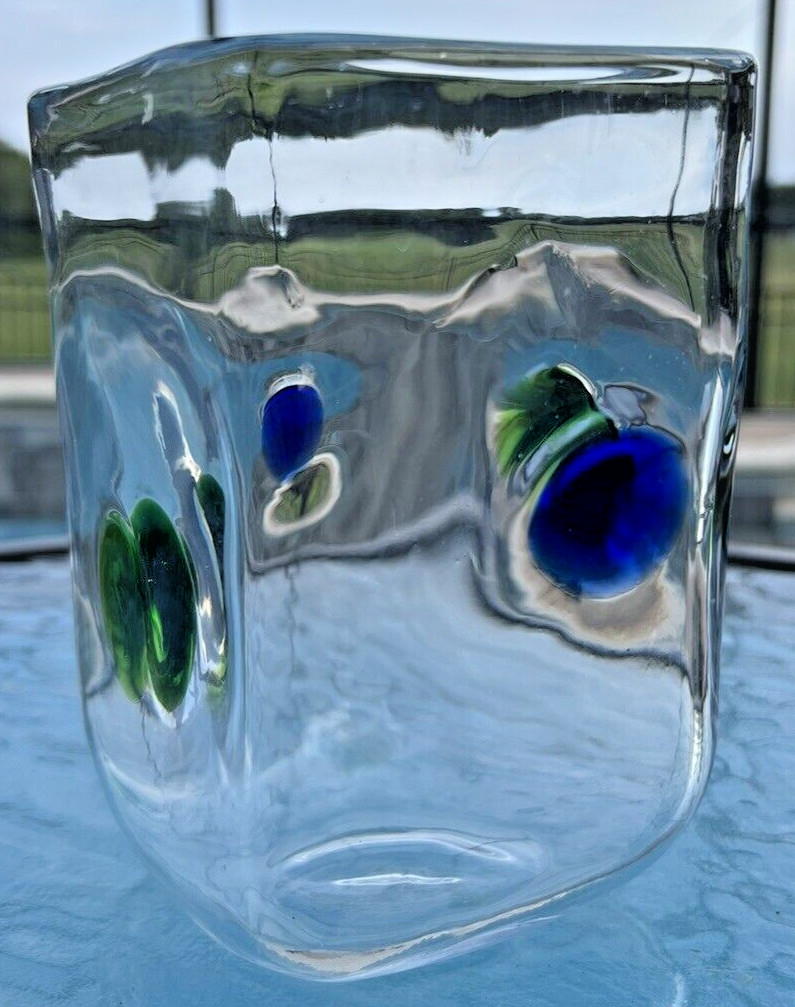 Vintage Mexican Hand Blown Vase Square Green Blue Orbs Portals Art Glass EX