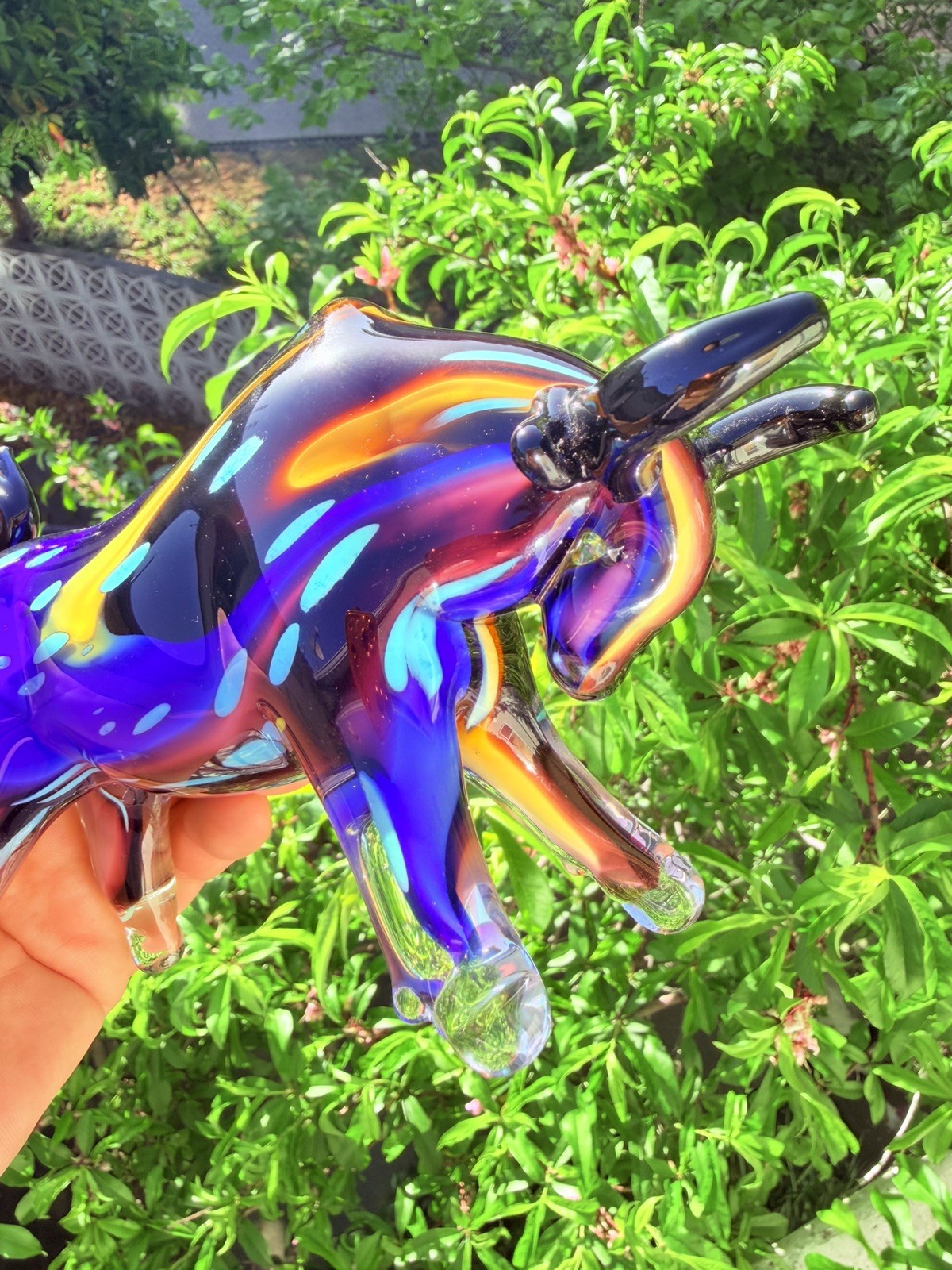 Art glass blue amber purple bull figurine hand blown
