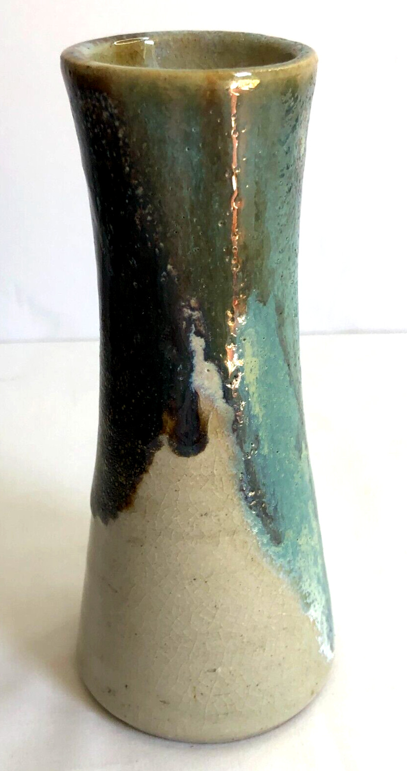 Signed 6.25″ Japanese Art Pottery Vase Blues Browns Double Happiness Wedding ’01