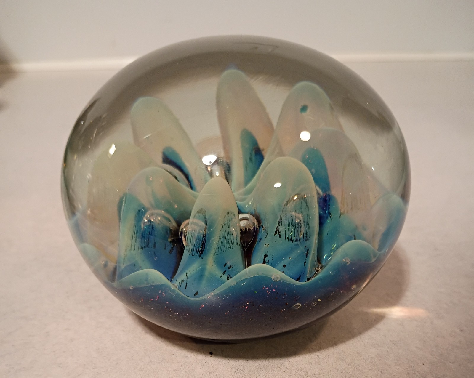 2 Signed Robert Eickholt Dichroic Controlled Bubbles Art Glass Paperweights
