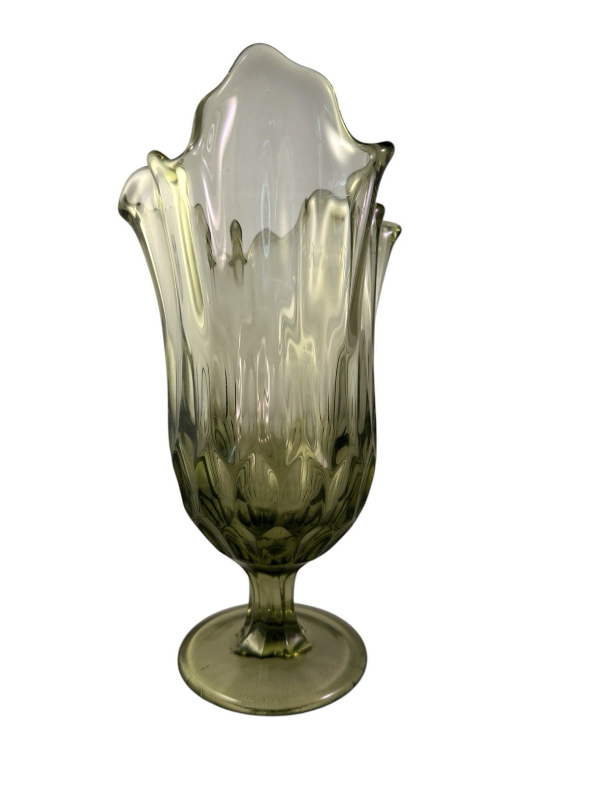 Vintage Fenton Colonial Green Thumbprint Handkerchief Glass Vase 9.5” Tall