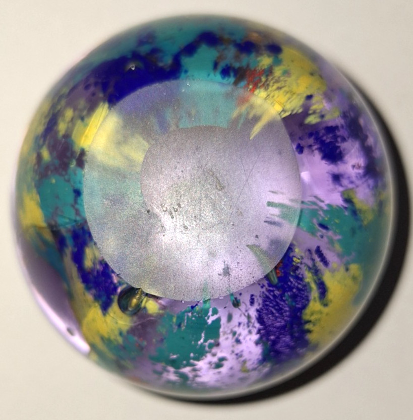VTG MURANO HAND BLOWN ART GLASS 3″ SPHERE ORB PAPERWEIGHT BLUE RED YELLOW BUBBLE