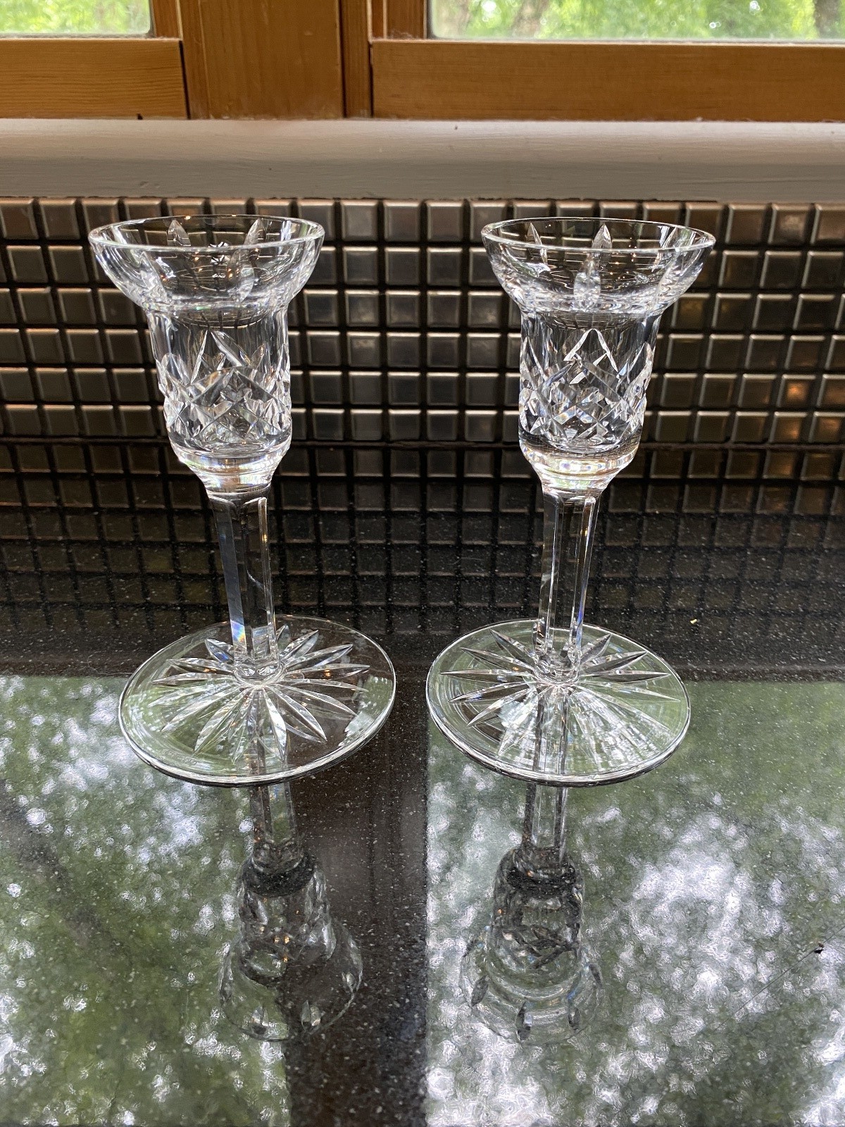 GORGEOUS Waterford Crystal Lismore Clear Candlestick Holders 6″H IRELAND STAMPED