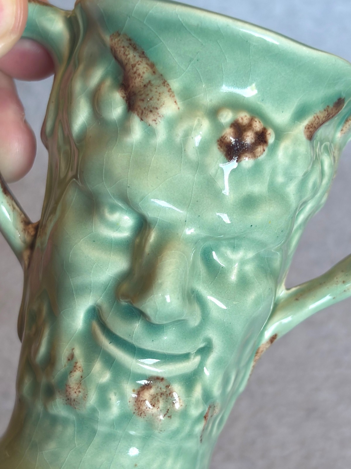 Antique Griffen, Smith & Hill Pottery Etruscan Majolica devil face vase 4″ EX!
