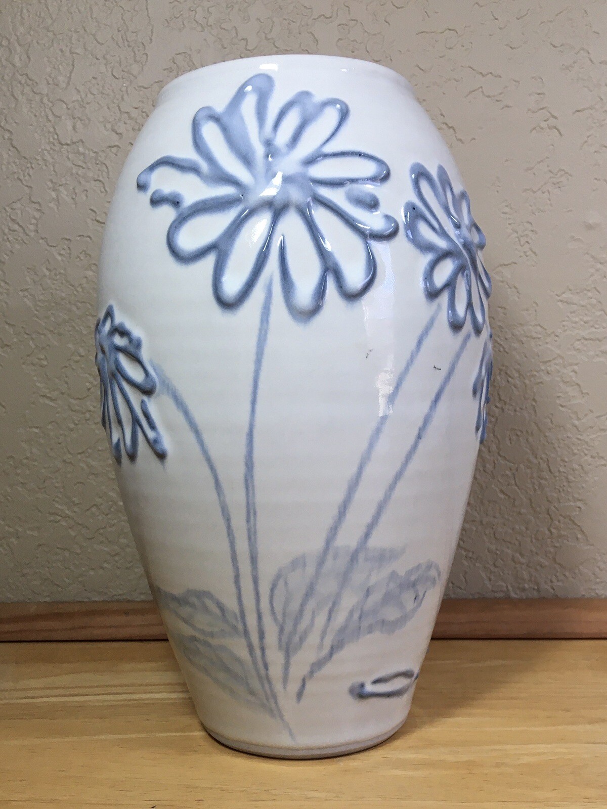 Studio Art Pottery Vase Raised Blue Flowers Cream Glaze Abstract Signed 8.75 in