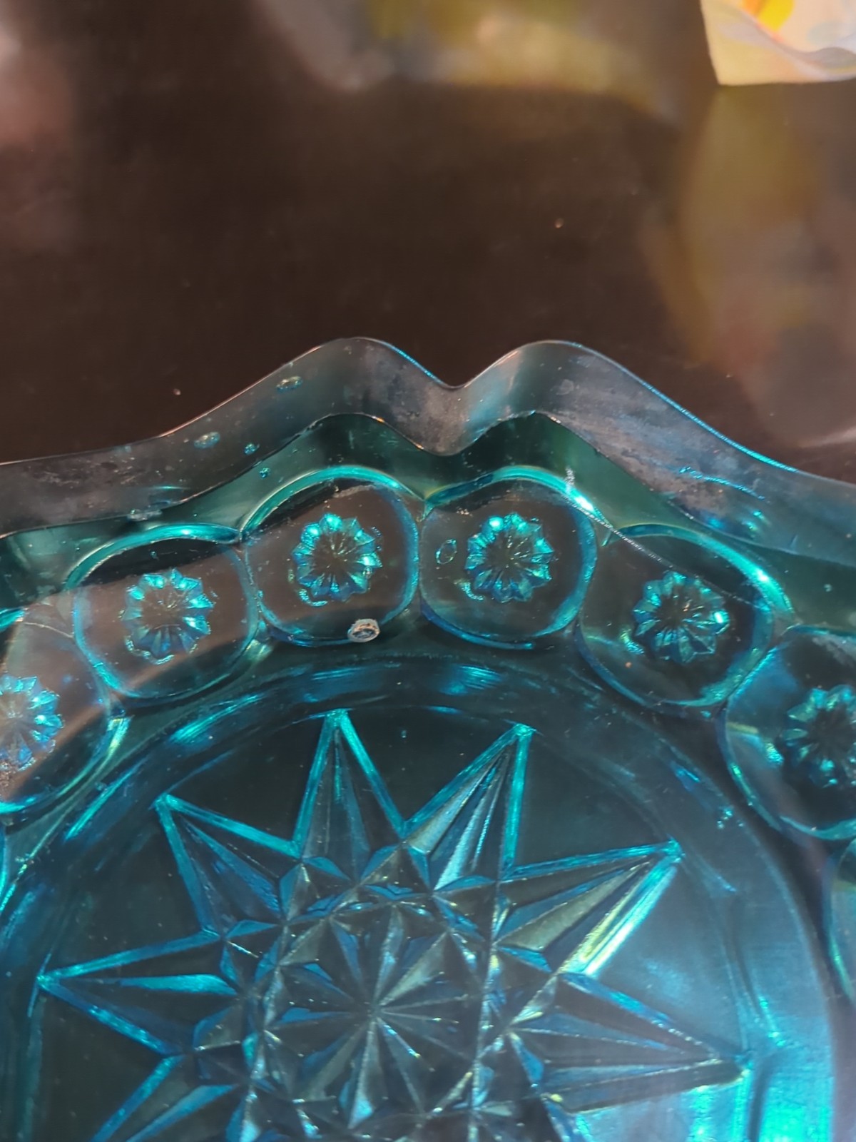 Vintage Ashtray Blue Glass Moon & Stars L.G.WRIGHT Large Round 8″