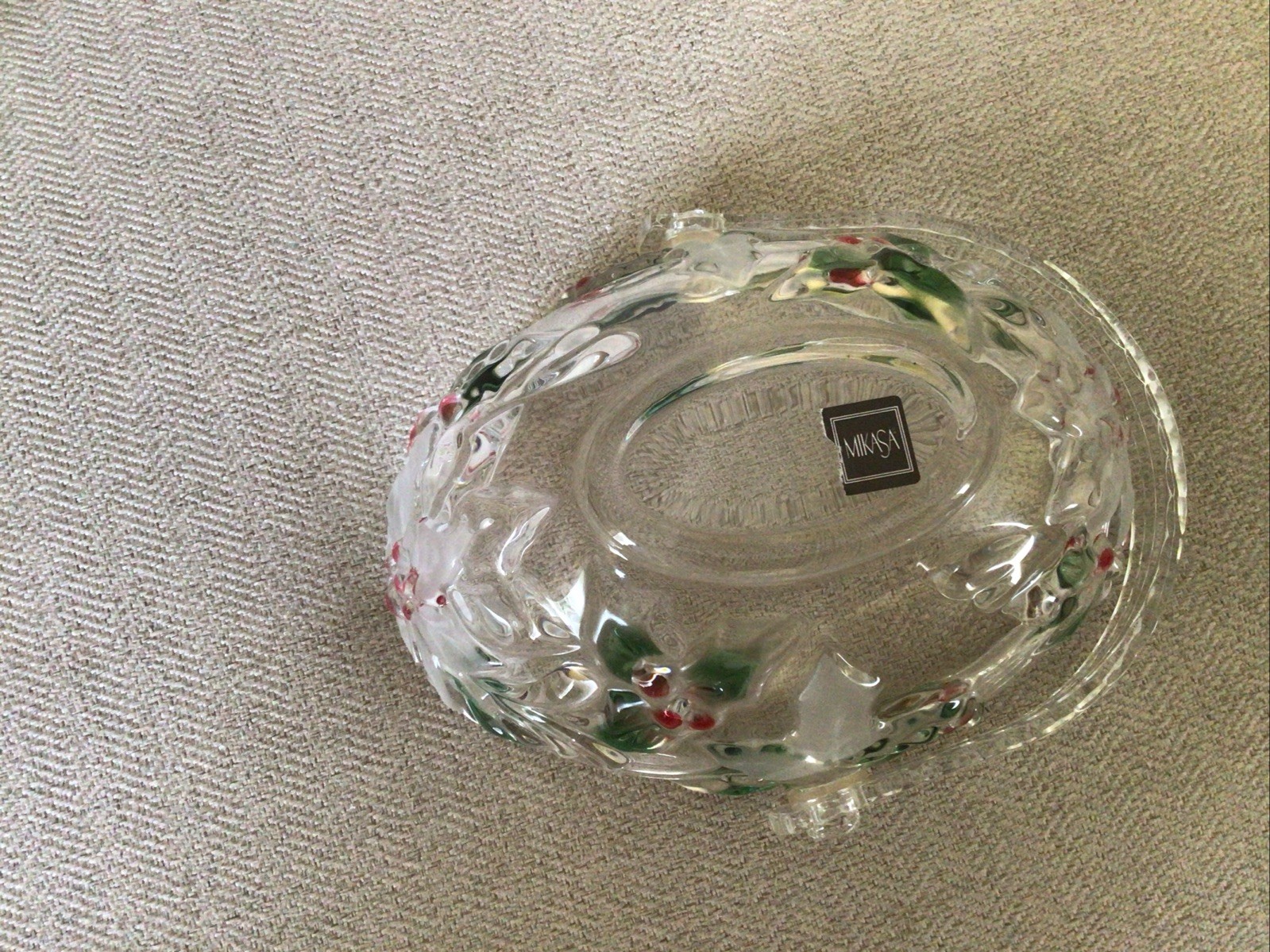 Celebrations by Mikasa Merry Holly Handled Glass Basket 8” Red Green Clear