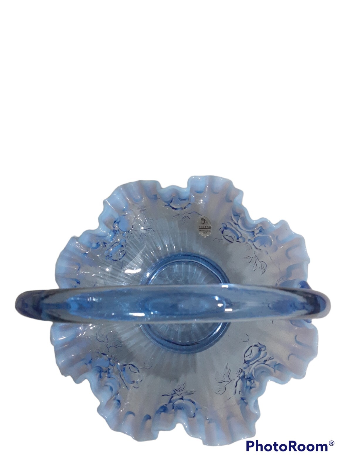 Fenton Glass Bride Basket Raffled Lavender Blue Opalescent Cabbage Rose Vintage