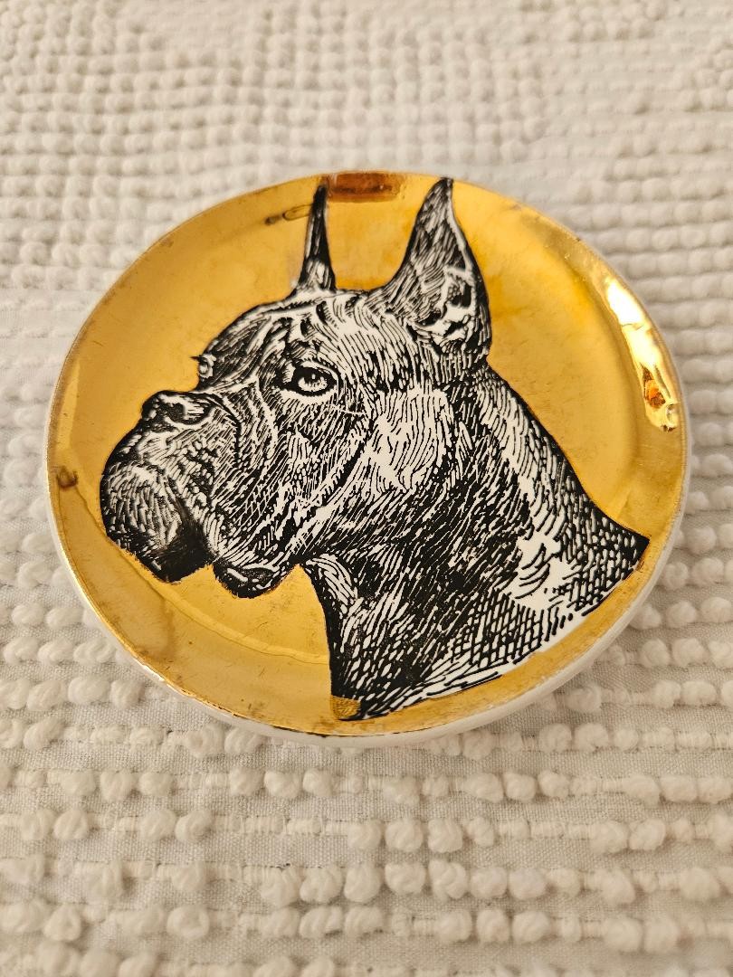 VINTAGE FORNASETTI CERAMIC GOLD COASTER PIN DISH BOXER DOG