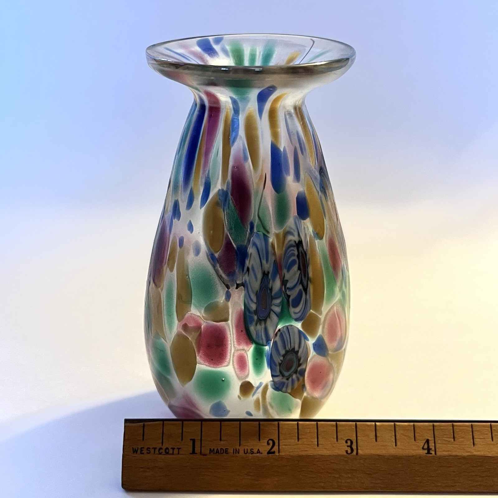 Signed Herb A. Thomas Vase Iridescent Art Glass with Millefiori Floral 5.25″